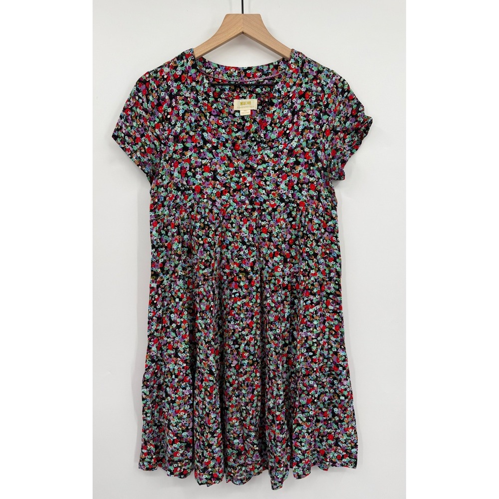 Maeve Dress‎ Womens XS Black Purple Floral Short Sleeve Colorful Garden Party